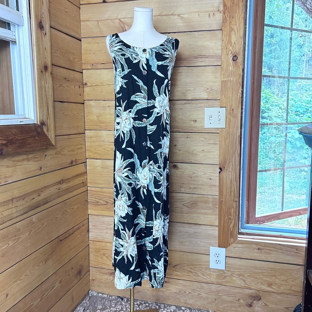 Tropical Floral Maxi Dress Women 2X Black Button Front Duster Blue Sky Clothing